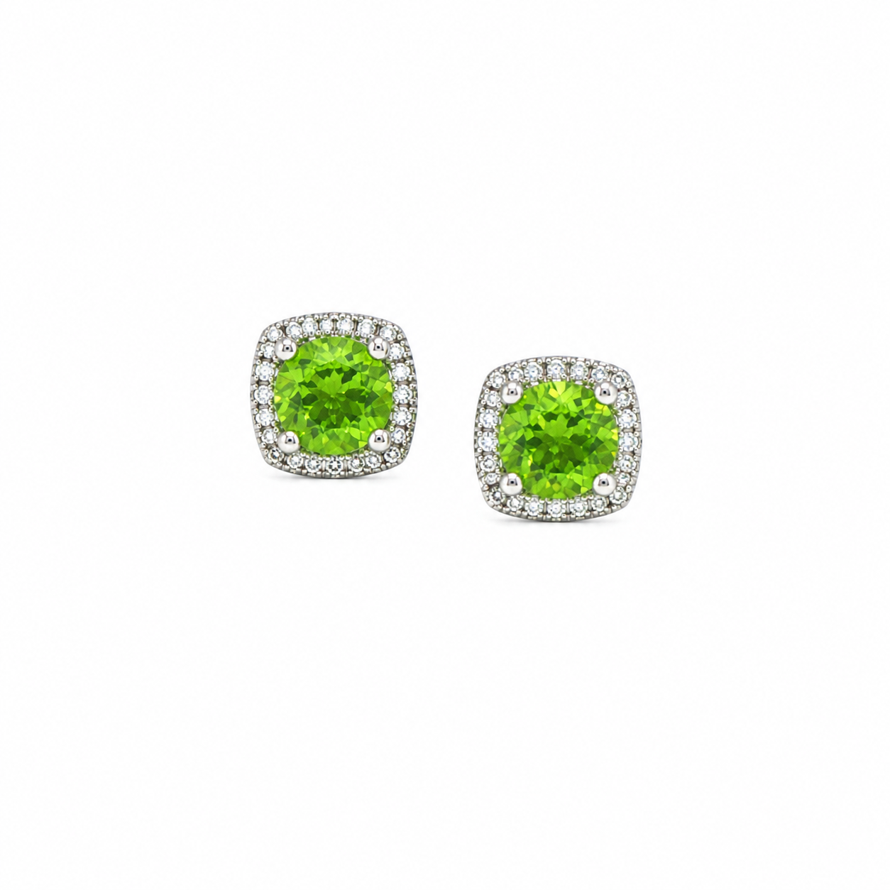 Peridot Halo Stud Earrings in White Gold