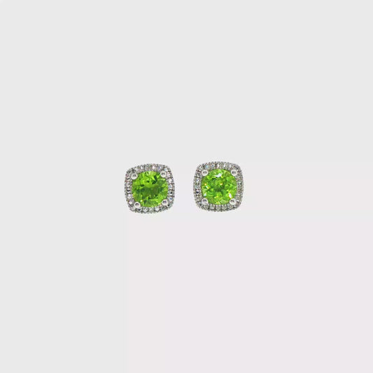 Peridot Halo Stud Earrings in White Gold